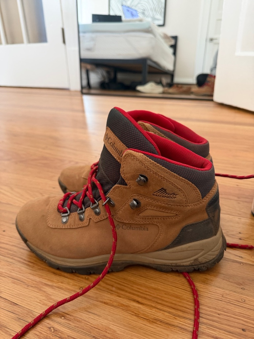 Columbia Brown Waterproof Hiking Boots with Red Accents